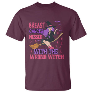 Breast Cancer Witch T Shirt Breast Cancer Messed With Wrong Witch Riding Stick Pink Ribbon Halloween Witch TS02 Maroon Printyourwear