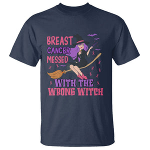 Breast Cancer Witch T Shirt Breast Cancer Messed With Wrong Witch Riding Stick Pink Ribbon Halloween Witch TS02 Navy Printyourwear