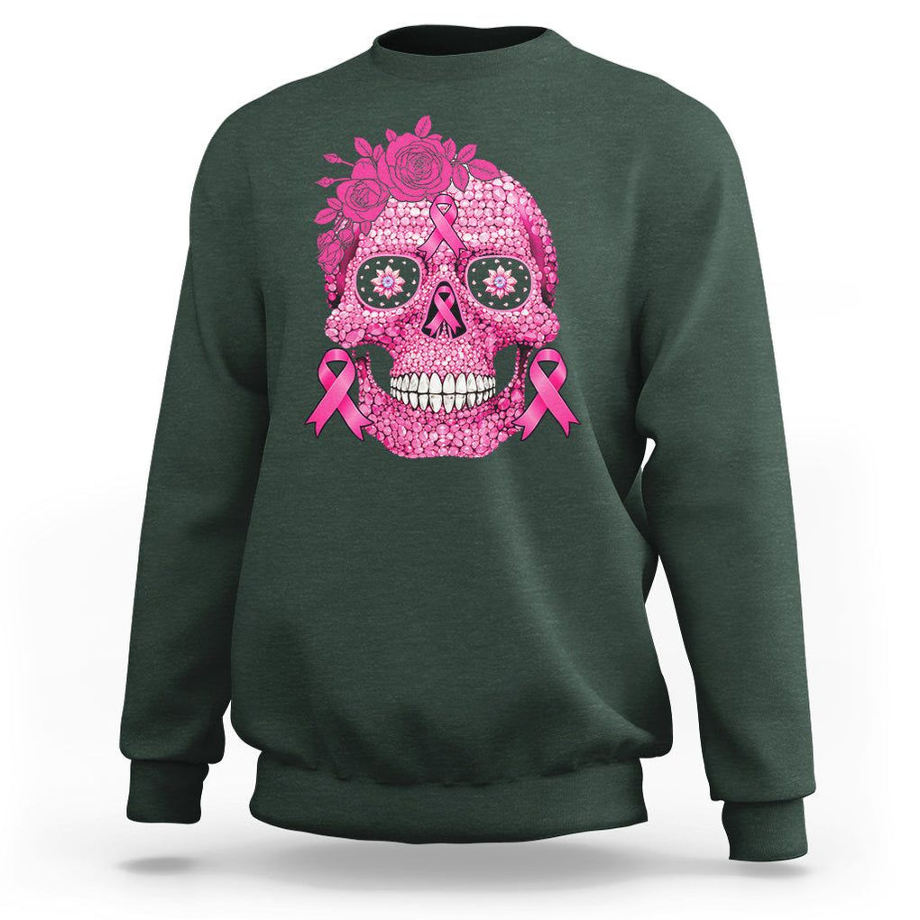 Sugar Skull Breast Cancer Sweatshirt Pink Ribbon Support Squad Breast Cancer Warrior Girls Women TS02 Dark Forest Green Printyourwear