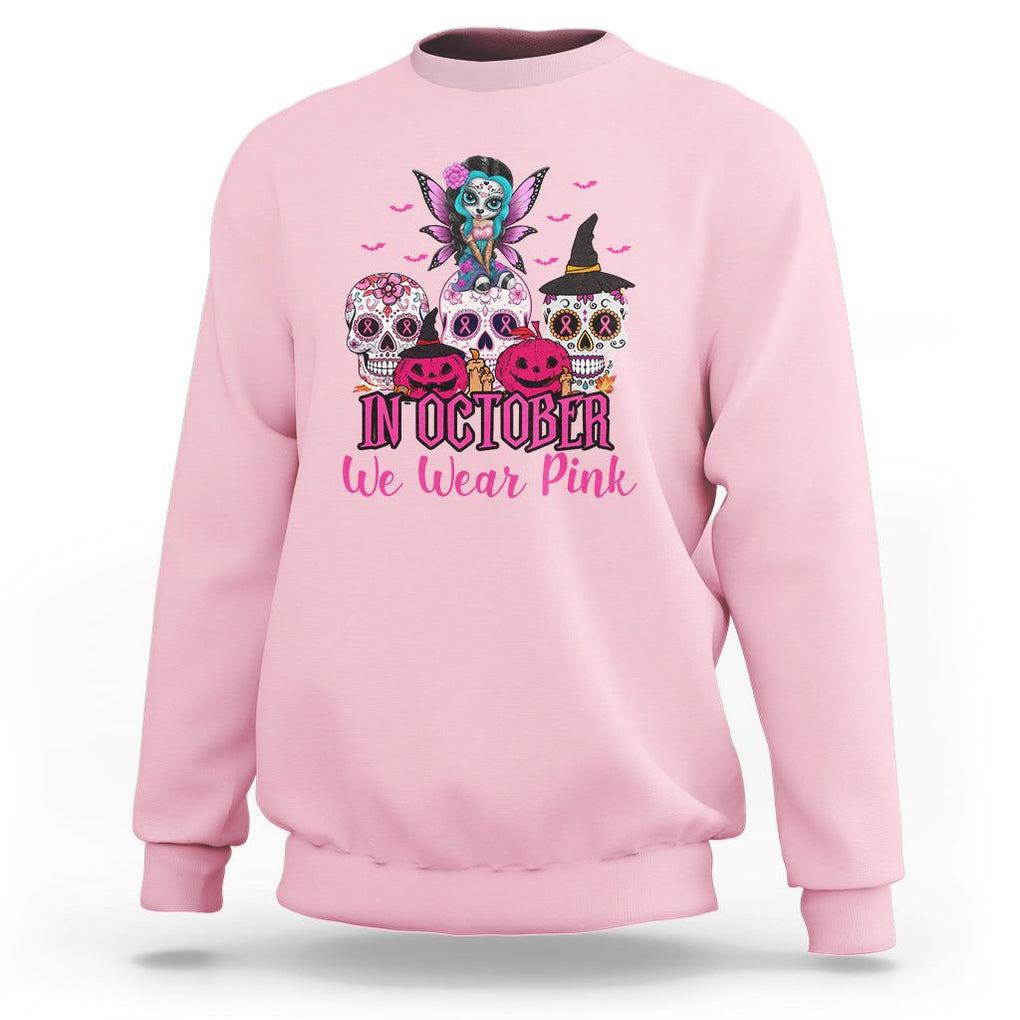 Skull Breast Cancer Sweatshirt In October We Wear Pink Support Squad Breast Cancer Warrior Survivor TS02 Light Pink Printyourwear