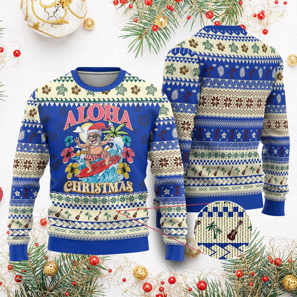 Xmas in Hawaii Ugly Christmas Sweater Aloha Mele Kalikimaka Hawaiian Tropical Surfing Santa TS02 Blue Print Your Wear
