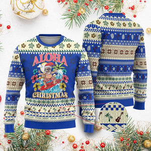 Xmas in Hawaii Ugly Christmas Sweater Aloha Mele Kalikimaka Hawaiian Tropical Surfing Santa TS02 Blue Print Your Wear