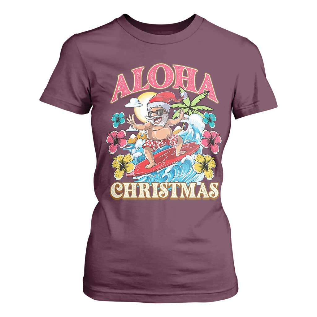 Christmas in Hawaii T Shirt For Women Aloha Mele Kalikimaka Hawaiian Tropical Surfing Santa TS02 Maroon Print Your Wear