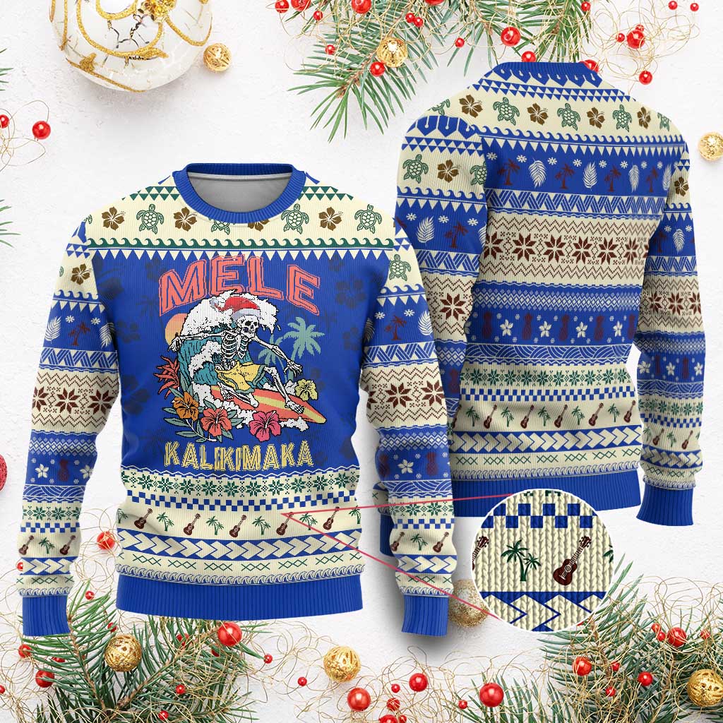 Xmas in Hawaii Ugly Christmas Sweater Mele Kalikimaka Hawaiian Tropical Surfing Skeleton TS02 Blue Print Your Wear