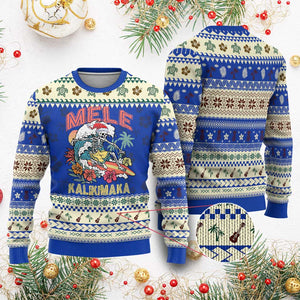 Xmas in Hawaii Ugly Christmas Sweater Mele Kalikimaka Hawaiian Tropical Surfing Skeleton TS02 Blue Print Your Wear