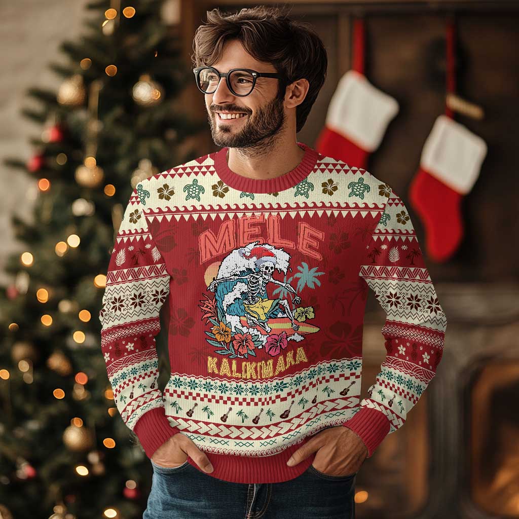 Xmas in Hawaii Ugly Christmas Sweater Mele Kalikimaka Hawaiian Tropical Surfing Skeleton TS02 Hibiscus Print Your Wear