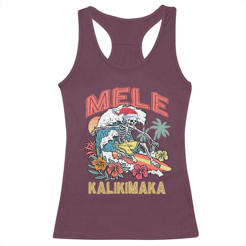 Christmas in Hawaii Racerback Tank Top Mele Kalikimaka Hawaiian Tropical Surfing Skeleton TS02 Maroon Print Your Wear