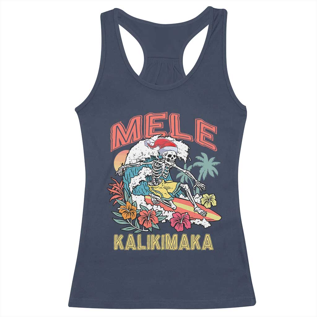 Christmas in Hawaii Racerback Tank Top Mele Kalikimaka Hawaiian Tropical Surfing Skeleton TS02 Navy Print Your Wear