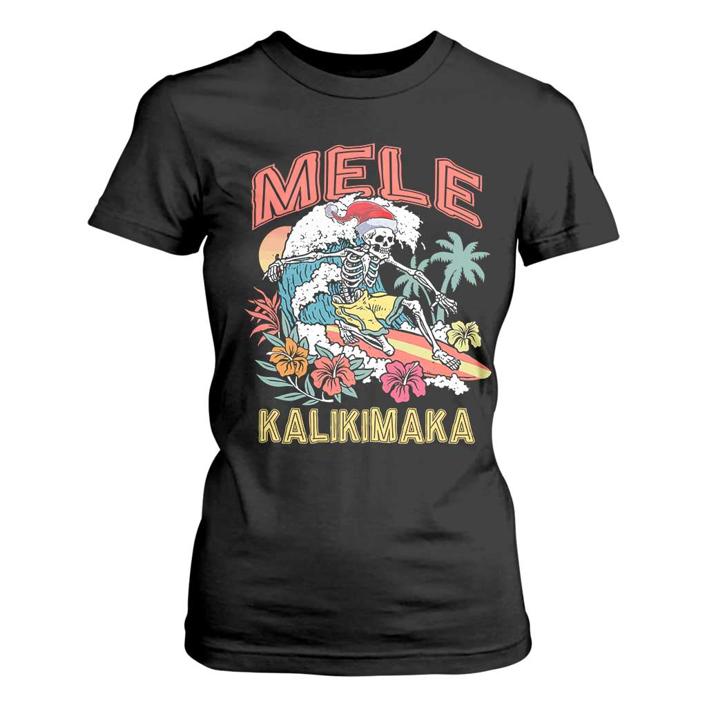 Christmas in Hawaii T Shirt For Women Mele Kalikimaka Hawaiian Tropical Surfing Skeleton TS02 Black Print Your Wear