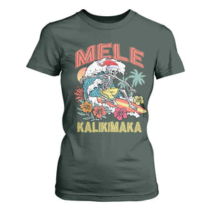 Christmas in Hawaii T Shirt For Women Mele Kalikimaka Hawaiian Tropical Surfing Skeleton TS02 Dark Forest Green Print Your Wear