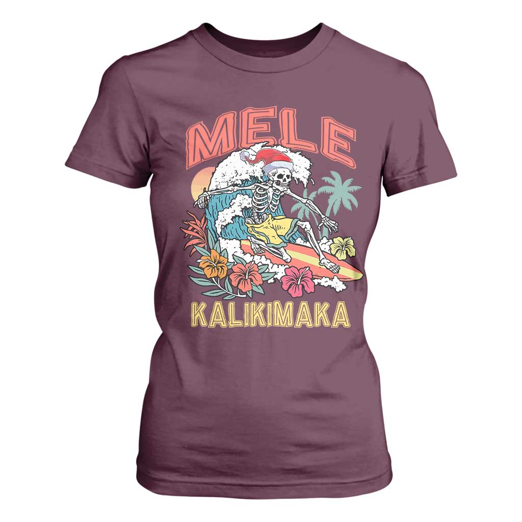 Christmas in Hawaii T Shirt For Women Mele Kalikimaka Hawaiian Tropical Surfing Skeleton TS02 Maroon Print Your Wear