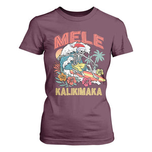 Christmas in Hawaii T Shirt For Women Mele Kalikimaka Hawaiian Tropical Surfing Skeleton TS02 Maroon Print Your Wear
