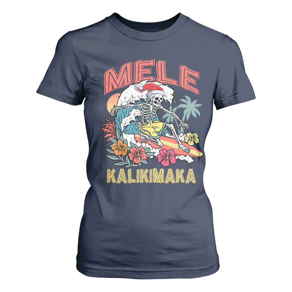 Christmas in Hawaii T Shirt For Women Mele Kalikimaka Hawaiian Tropical Surfing Skeleton TS02 Navy Print Your Wear
