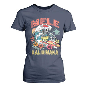 Christmas in Hawaii T Shirt For Women Mele Kalikimaka Hawaiian Tropical Surfing Skeleton TS02 Navy Print Your Wear