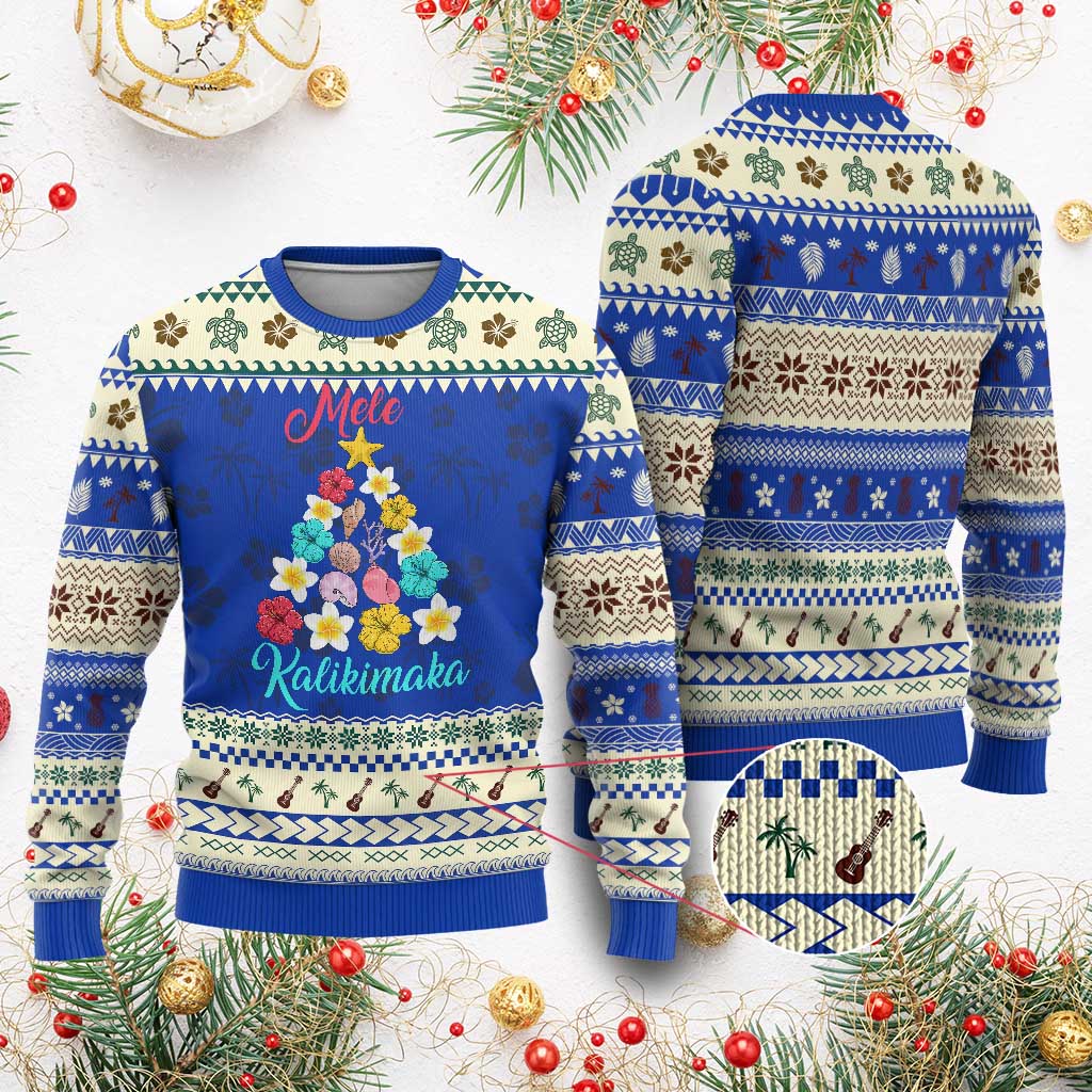Xmas in Hawaii Ugly Christmas Sweater Mele Kalikimaka Hawaiian Tropical Flowers TS02 Blue Print Your Wear