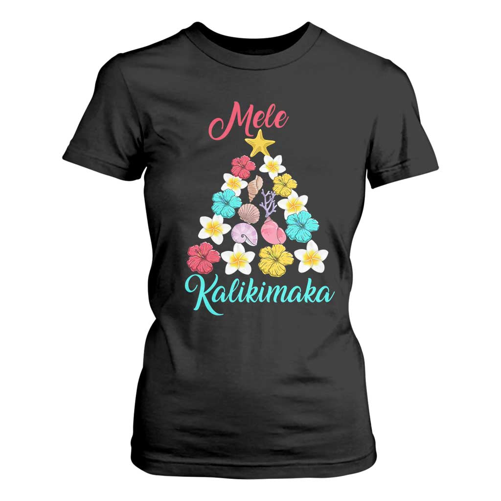 Christmas in Hawaii T Shirt For Women Mele Kalikimaka Hawaiian Tropical Flowers TS02 Black Print Your Wear