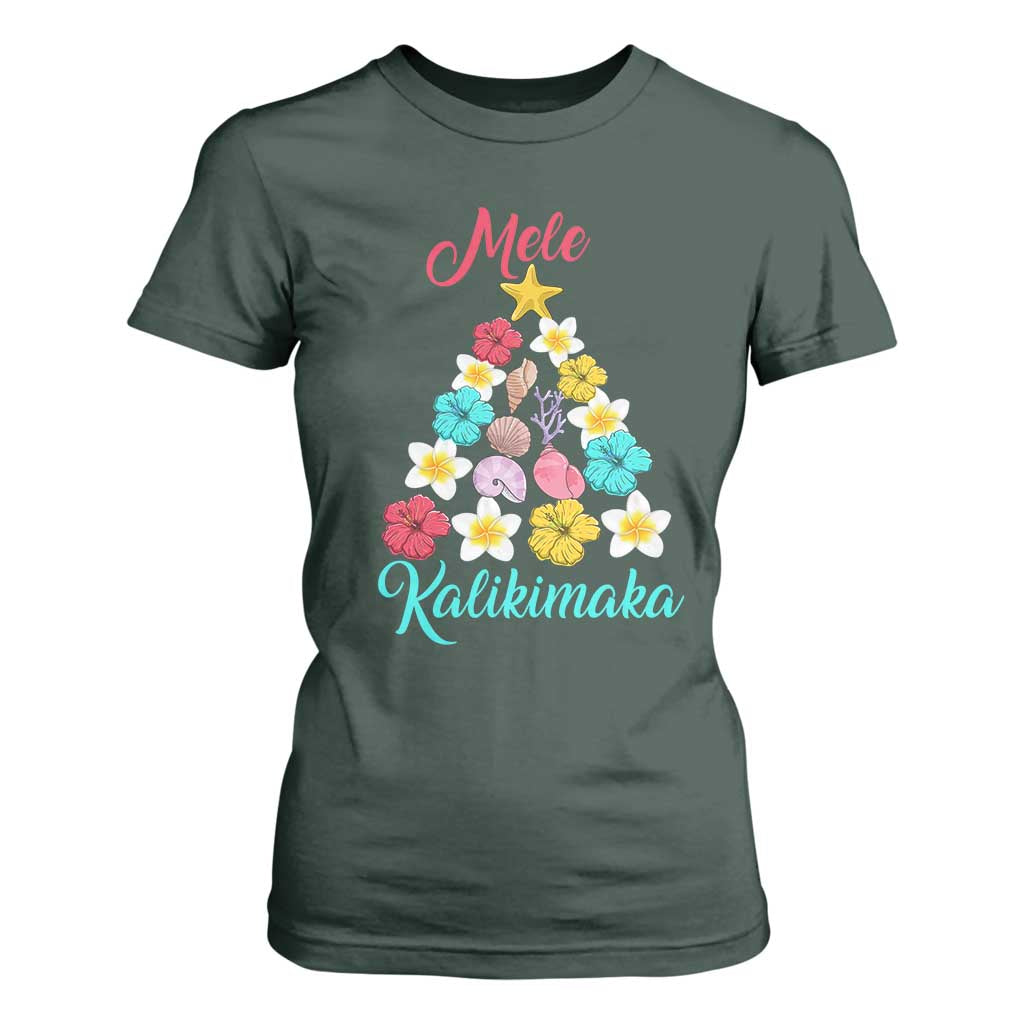 Christmas in Hawaii T Shirt For Women Mele Kalikimaka Hawaiian Tropical Flowers TS02 Dark Forest Green Print Your Wear