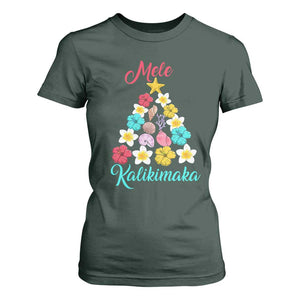 Christmas in Hawaii T Shirt For Women Mele Kalikimaka Hawaiian Tropical Flowers TS02 Dark Forest Green Print Your Wear