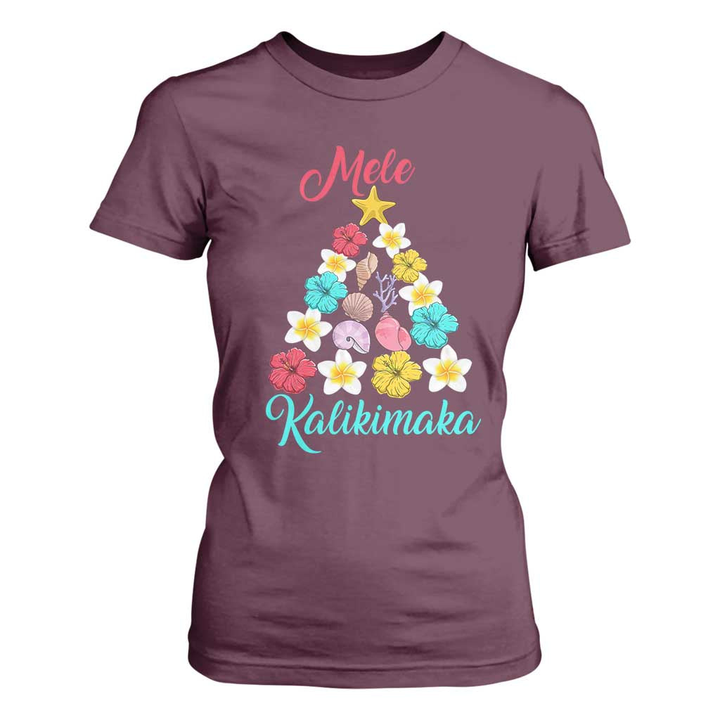 Christmas in Hawaii T Shirt For Women Mele Kalikimaka Hawaiian Tropical Flowers TS02 Maroon Print Your Wear