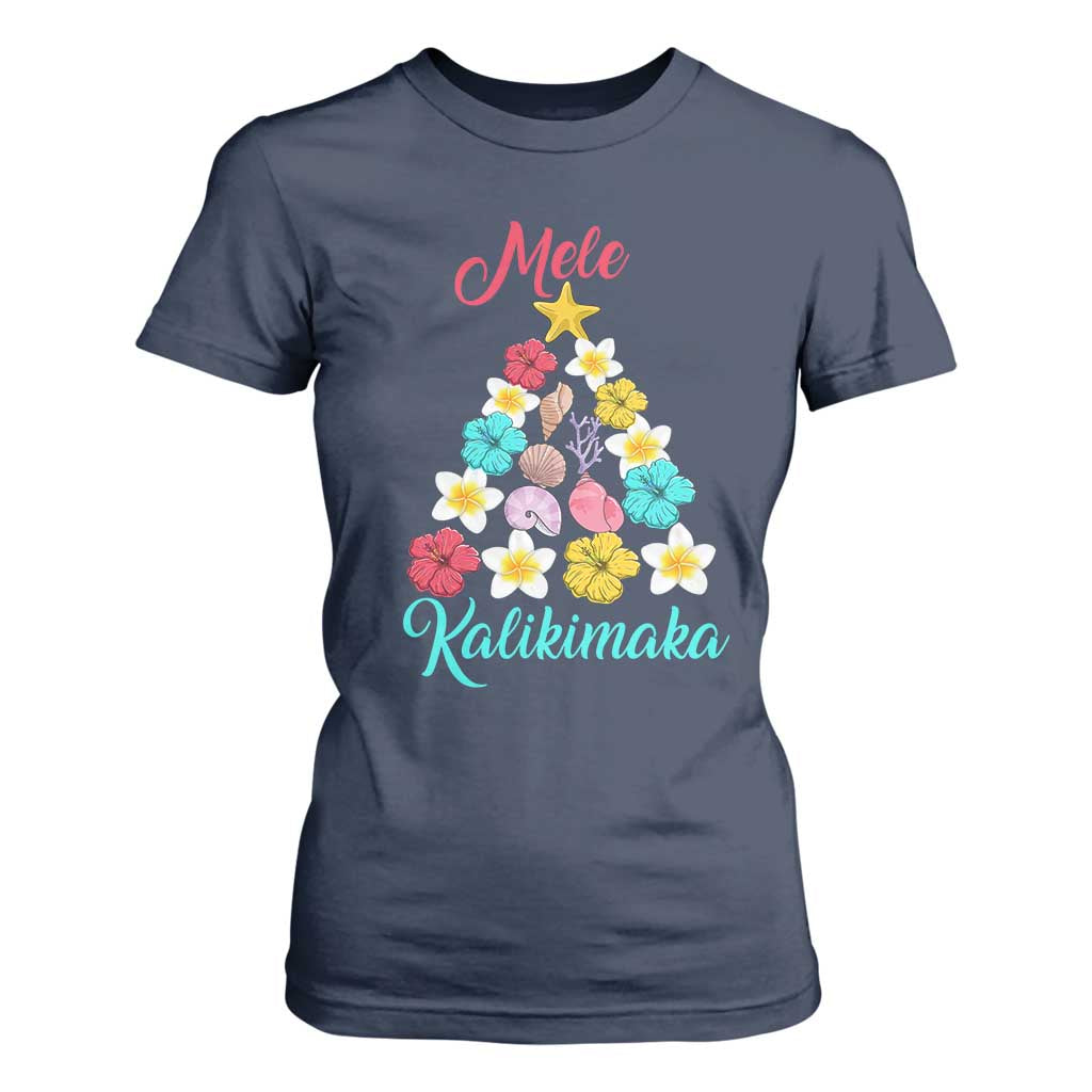 Christmas in Hawaii T Shirt For Women Mele Kalikimaka Hawaiian Tropical Flowers TS02 Navy Print Your Wear