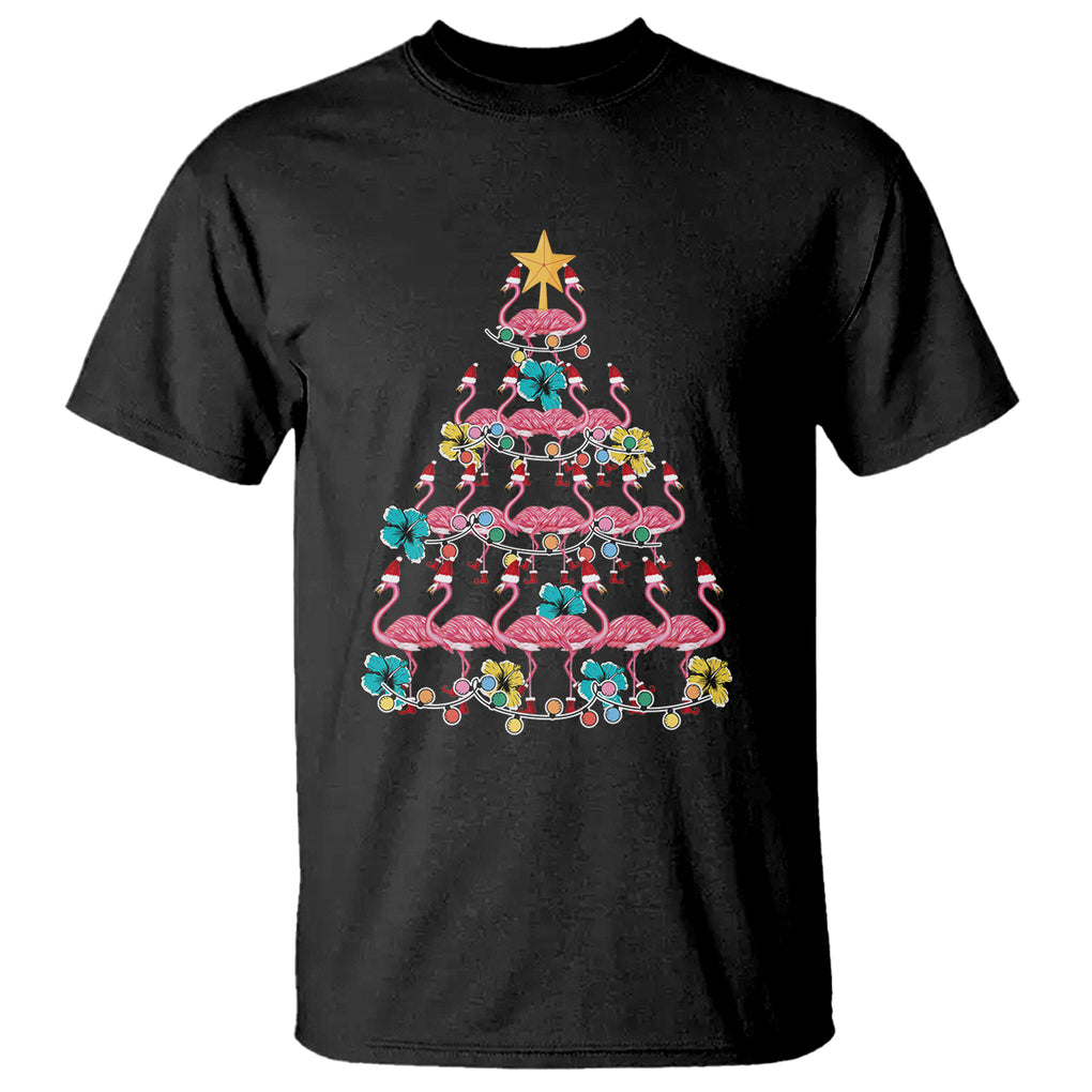Cute Pink Flamingo Christmas Tree with Hibiscus Merry Xmas T Shirt TS02 Black Printyourwear