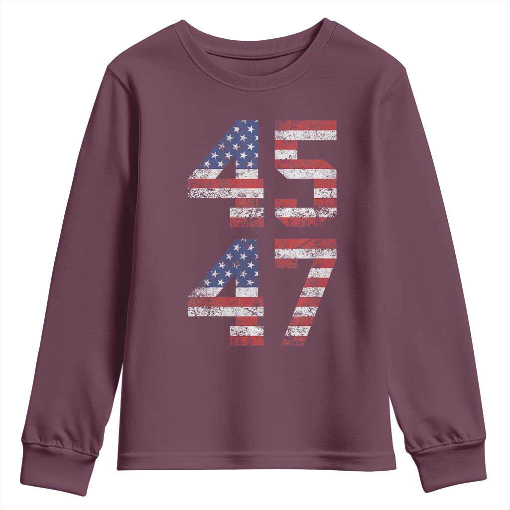 Trump 2024 Youth Sweatshirt 45 47 President He Won Vintage American Flag TS02 Maroon Print Your Wear