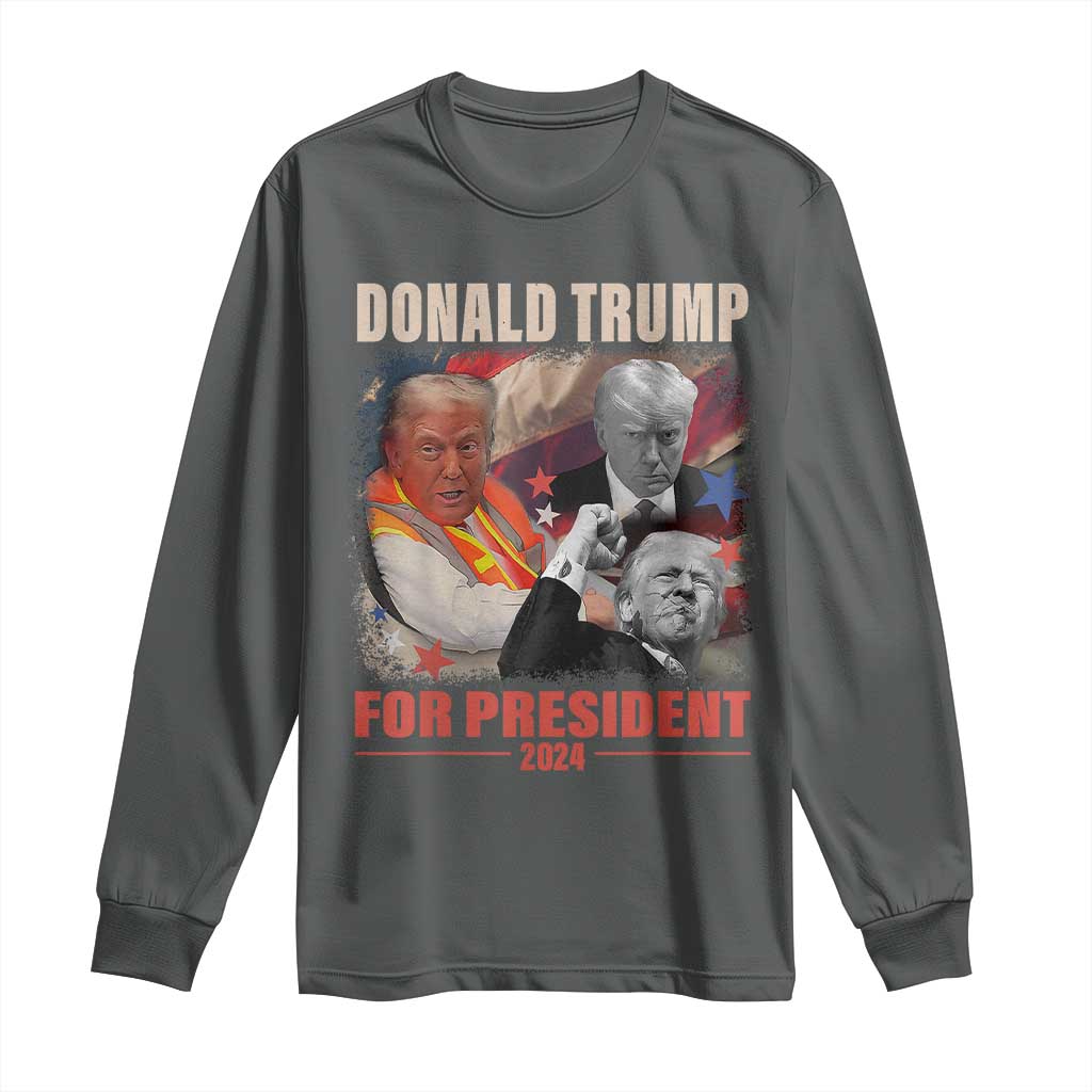Trump 2024 Long Sleeve Shirt He Won For President 45 47 American Flag TS02 Dark Heather Print Your Wear