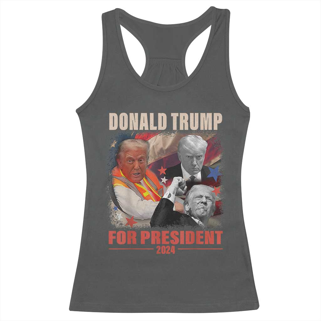 Trump 2024 Racerback Tank Top He Won For President 45 47 American Flag TS02 Dark Heather Print Your Wear