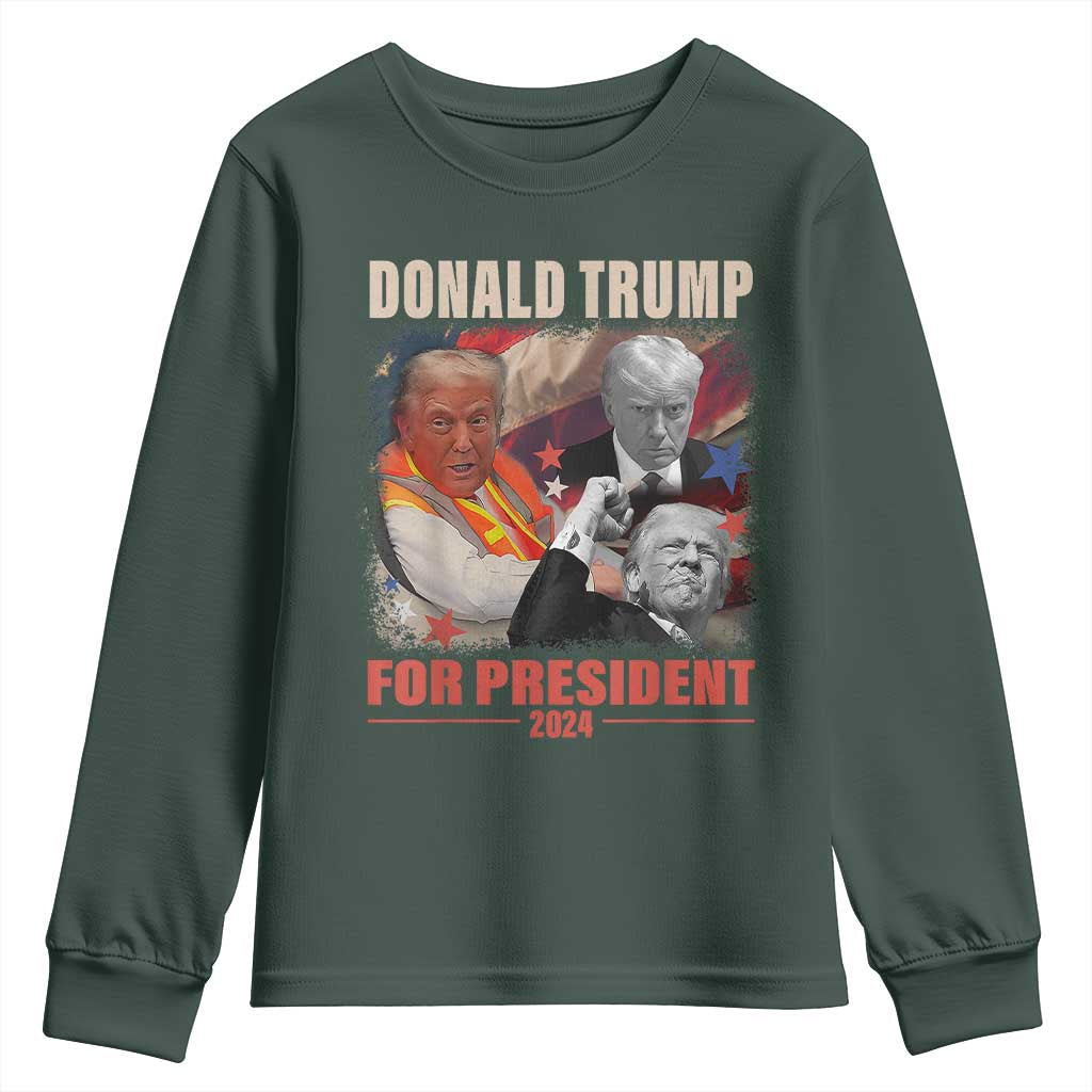 Trump 2024 Youth Sweatshirt He Won For President 45 47 American Flag TS02 Dark Forest Green Print Your Wear