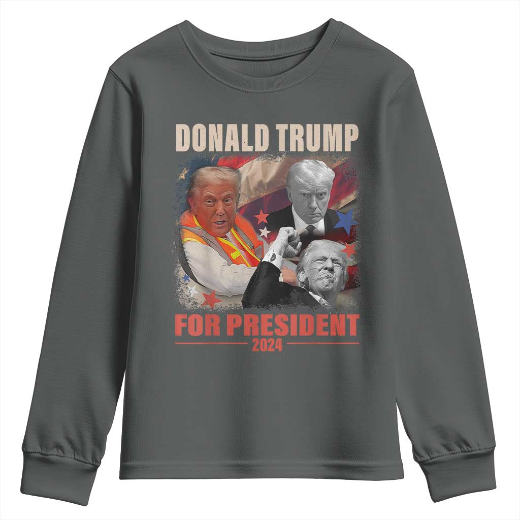 Trump 2024 Youth Sweatshirt He Won For President 45 47 American Flag TS02 Dark Heather Print Your Wear