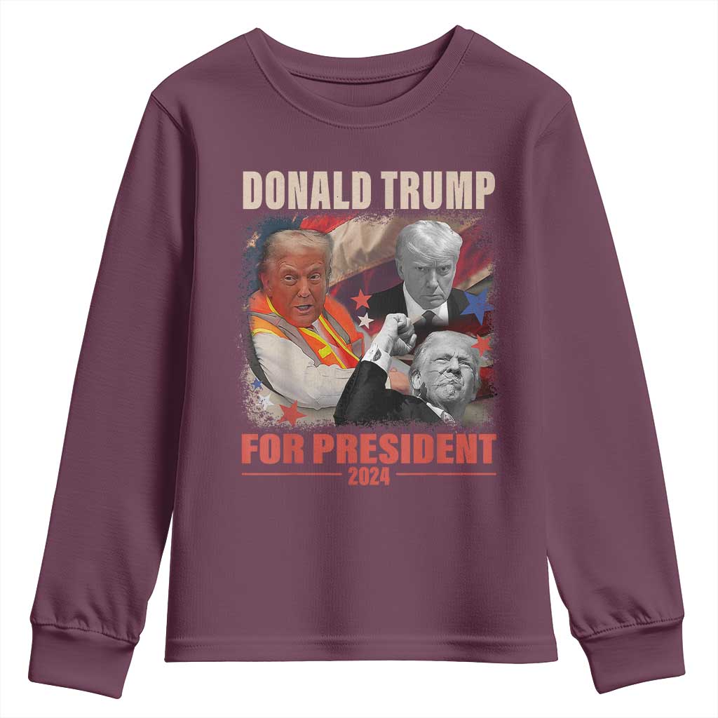 Trump 2024 Youth Sweatshirt He Won For President 45 47 American Flag TS02 Maroon Print Your Wear