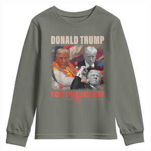Trump 2024 Youth Sweatshirt He Won For President 45 47 American Flag TS02 Military Green Print Your Wear