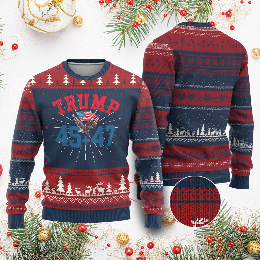 Trump 2024 Ugly Christmas Sweater Patriotic 45 47 He Won American Flag Eagle TS02 Burgundy Print Your Wear