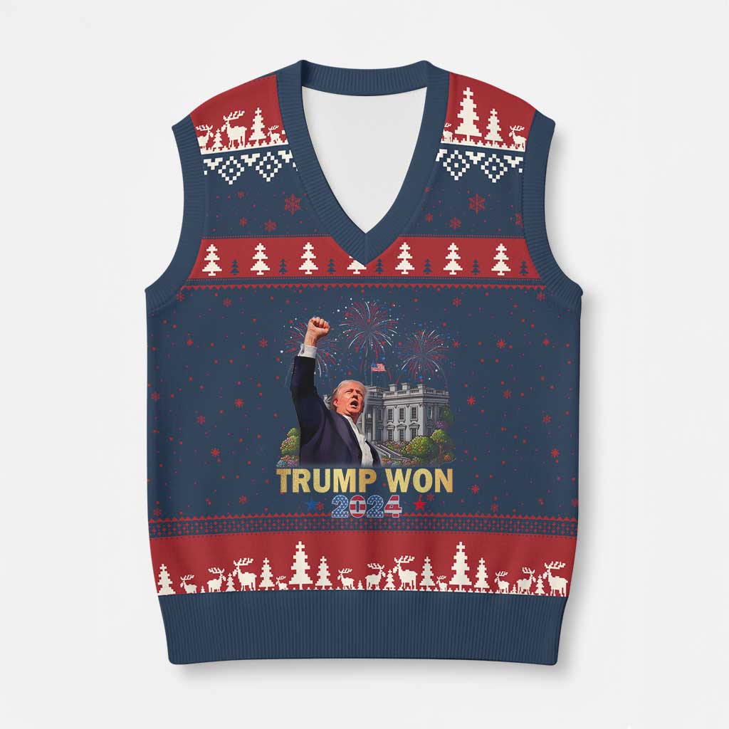 Trump 2024 V-Neck Knit Sweater Vest He Won 47th President Of White House TS02 Navy Red Print Your Wear