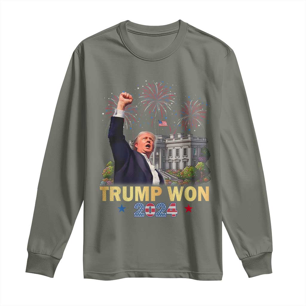 Trump 2024 Long Sleeve Shirt He Won 47th President Of White House TS02 Military Green Print Your Wear