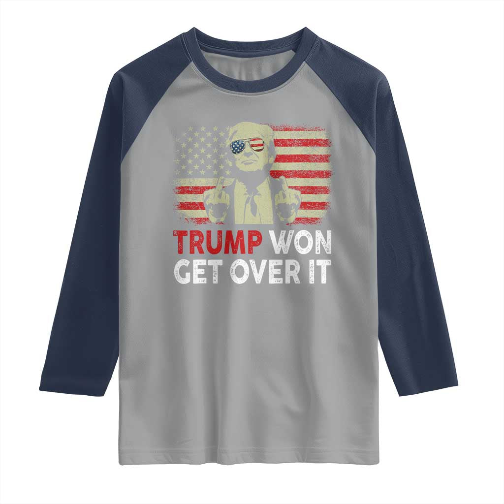Trump 2024 Raglan Shirt He Won Get Over It Patriotic Vintage American Flag TS02 Sport Gray Navy Print Your Wear