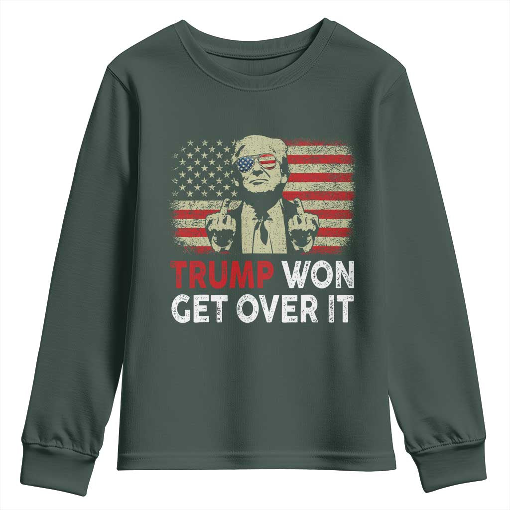 Trump 2024 Youth Sweatshirt He Won Get Over It Patriotic Vintage American Flag TS02 Dark Forest Green Print Your Wear