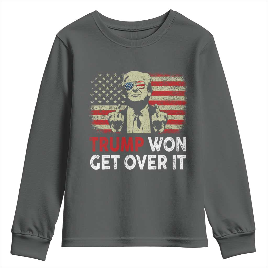 Trump 2024 Youth Sweatshirt He Won Get Over It Patriotic Vintage American Flag TS02 Dark Heather Print Your Wear