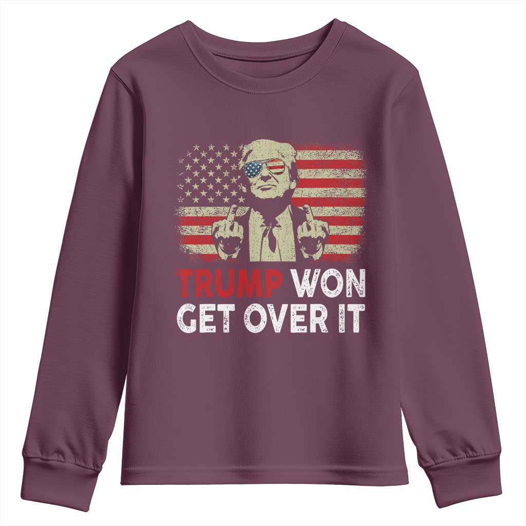 Trump 2024 Youth Sweatshirt He Won Get Over It Patriotic Vintage American Flag TS02 Maroon Print Your Wear
