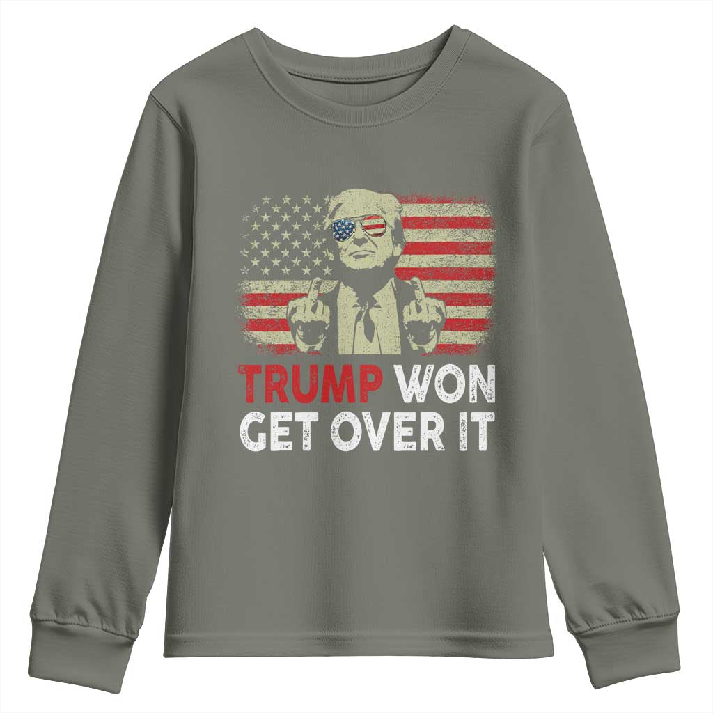 Trump 2024 Youth Sweatshirt He Won Get Over It Patriotic Vintage American Flag TS02 Military Green Print Your Wear