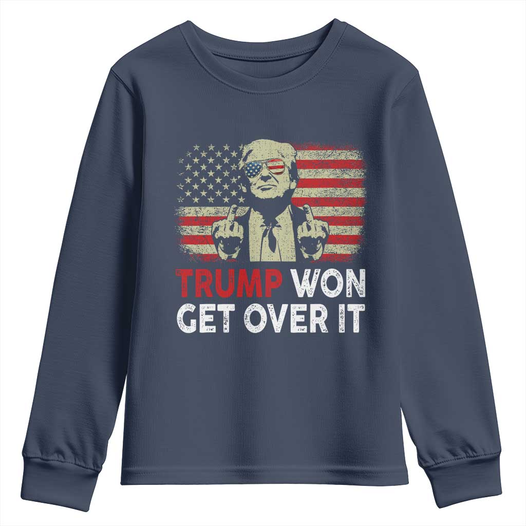 Trump 2024 Youth Sweatshirt He Won Get Over It Patriotic Vintage American Flag TS02 Navy Print Your Wear