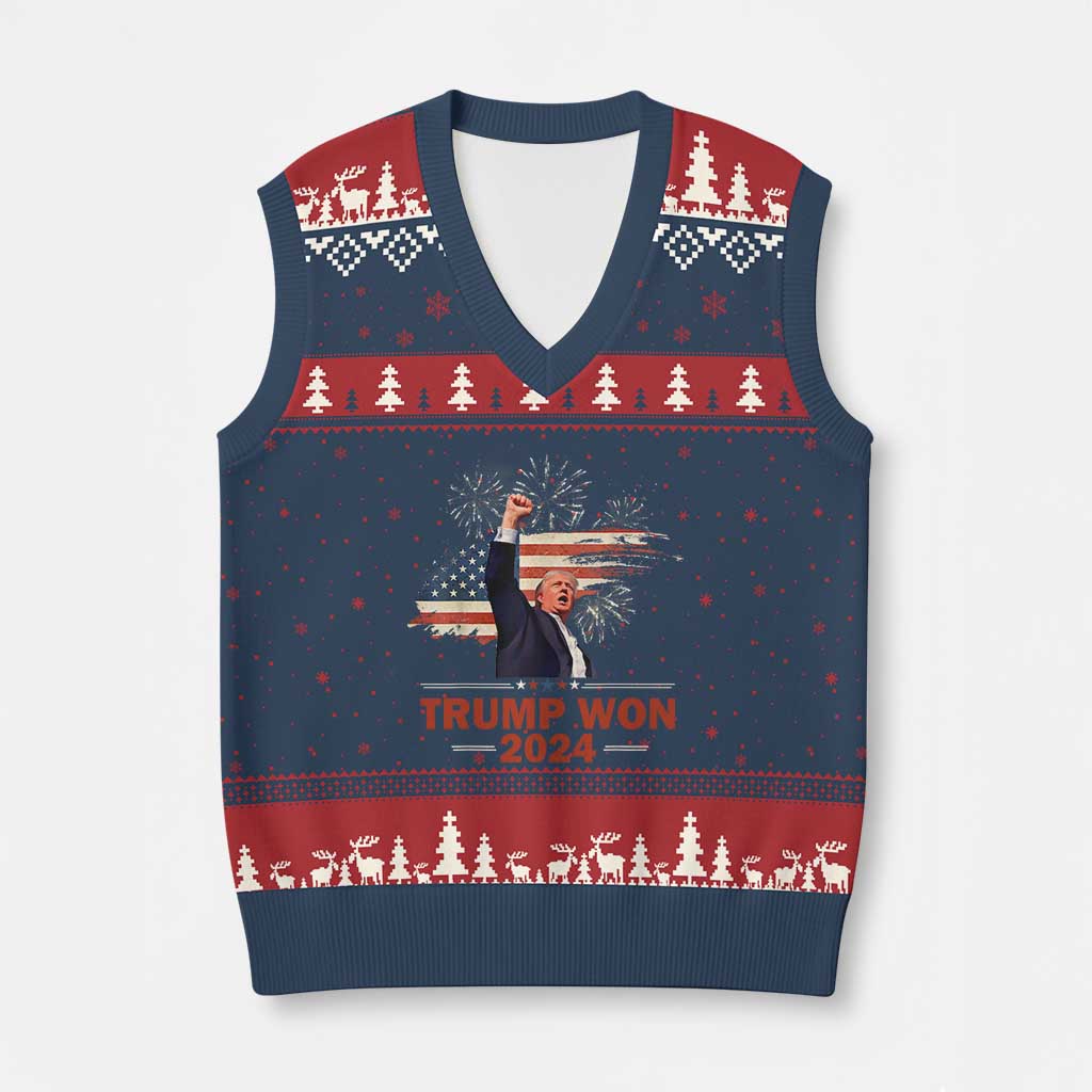 Trump Won 2024 V-Neck Knit Sweater Vest 47th President American Flag Raised Fist TS02 Navy Red Print Your Wear