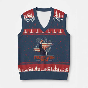Trump Won 2024 V-Neck Knit Sweater Vest 47th President American Flag Raised Fist TS02 Navy Red Print Your Wear
