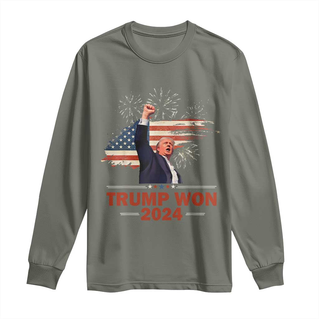 Trump Won 2024 Long Sleeve Shirt 47th President American Flag Raised Fist TS02 Military Green Print Your Wear