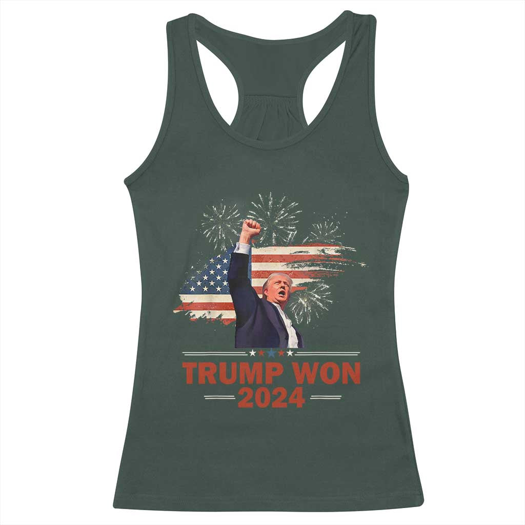 Trump Won 2024 Racerback Tank Top 47th President American Flag Raised Fist TS02 Dark Forest Green Print Your Wear
