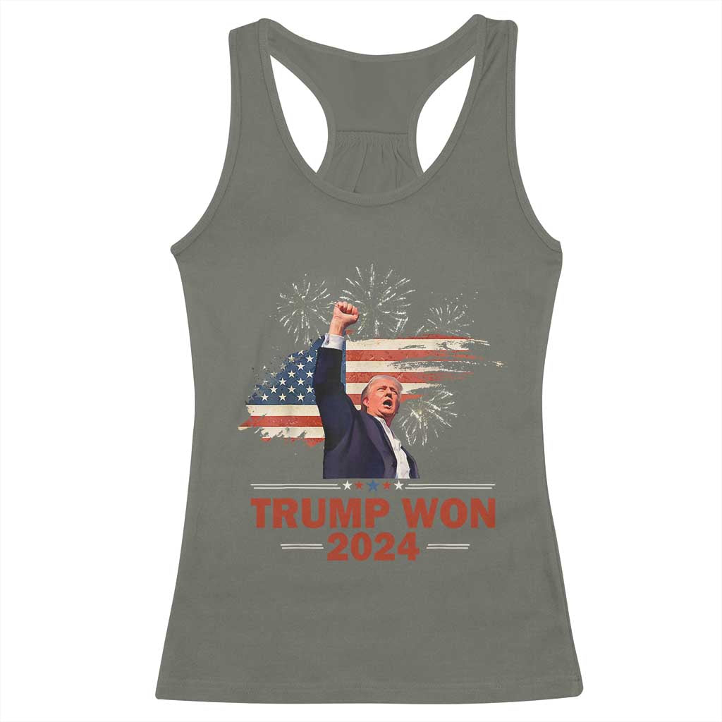 Trump Won 2024 Racerback Tank Top 47th President American Flag Raised Fist TS02 Military Green Print Your Wear