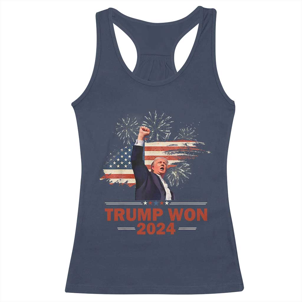 Trump Won 2024 Racerback Tank Top 47th President American Flag Raised Fist TS02 Navy Print Your Wear