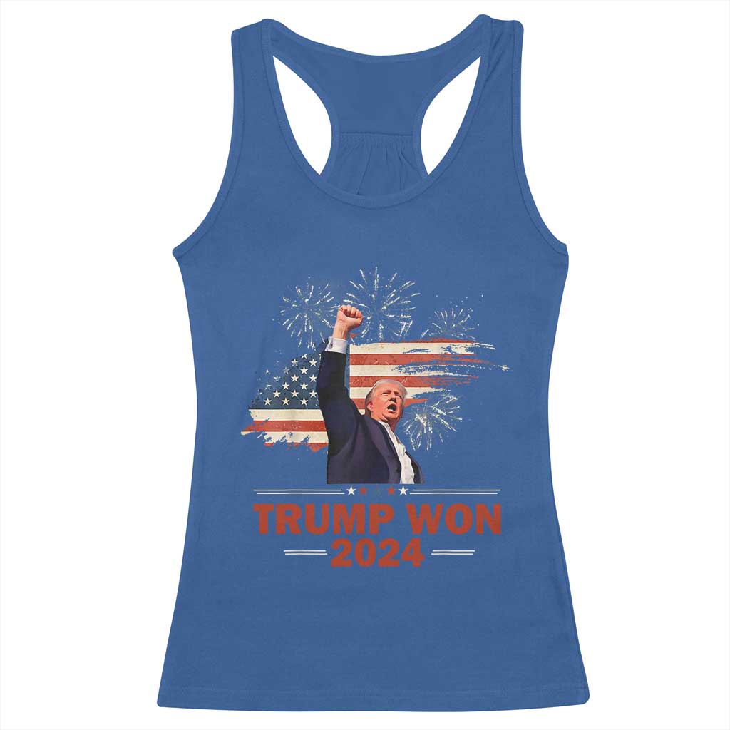 Trump Won 2024 Racerback Tank Top 47th President American Flag Raised Fist TS02 Royal Blue Print Your Wear