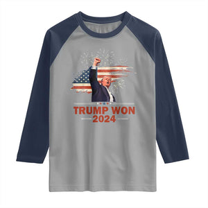 Trump Won 2024 Raglan Shirt 47th President American Flag Raised Fist TS02 Sport Gray Navy Print Your Wear