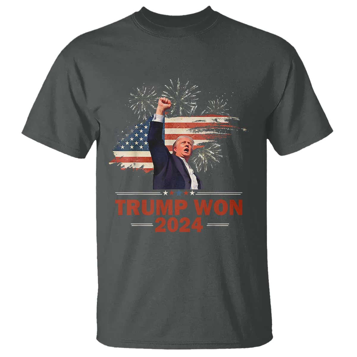 Trump Won 2024 T Shirt 47th President American Flag Raised Fist TS02 Dark Heather Print Your Wear